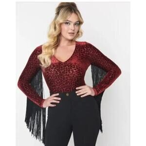 Unique Vintage X Smak Parlour Burgundy Velvet Fringe Sleeved Bodysuit Sz !X #45